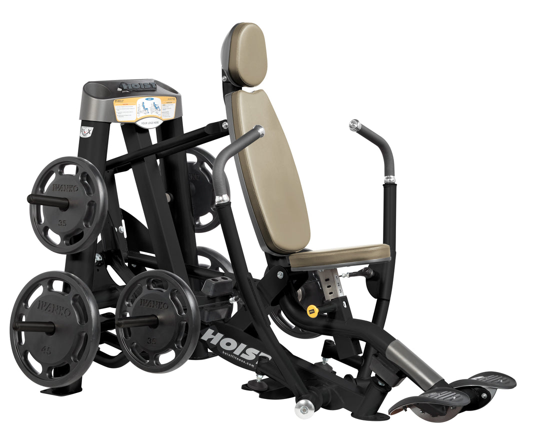 Hoist plate loaded decline chest press machine with angled press arms, adjustable seat, and weight plate storage for lower chest training