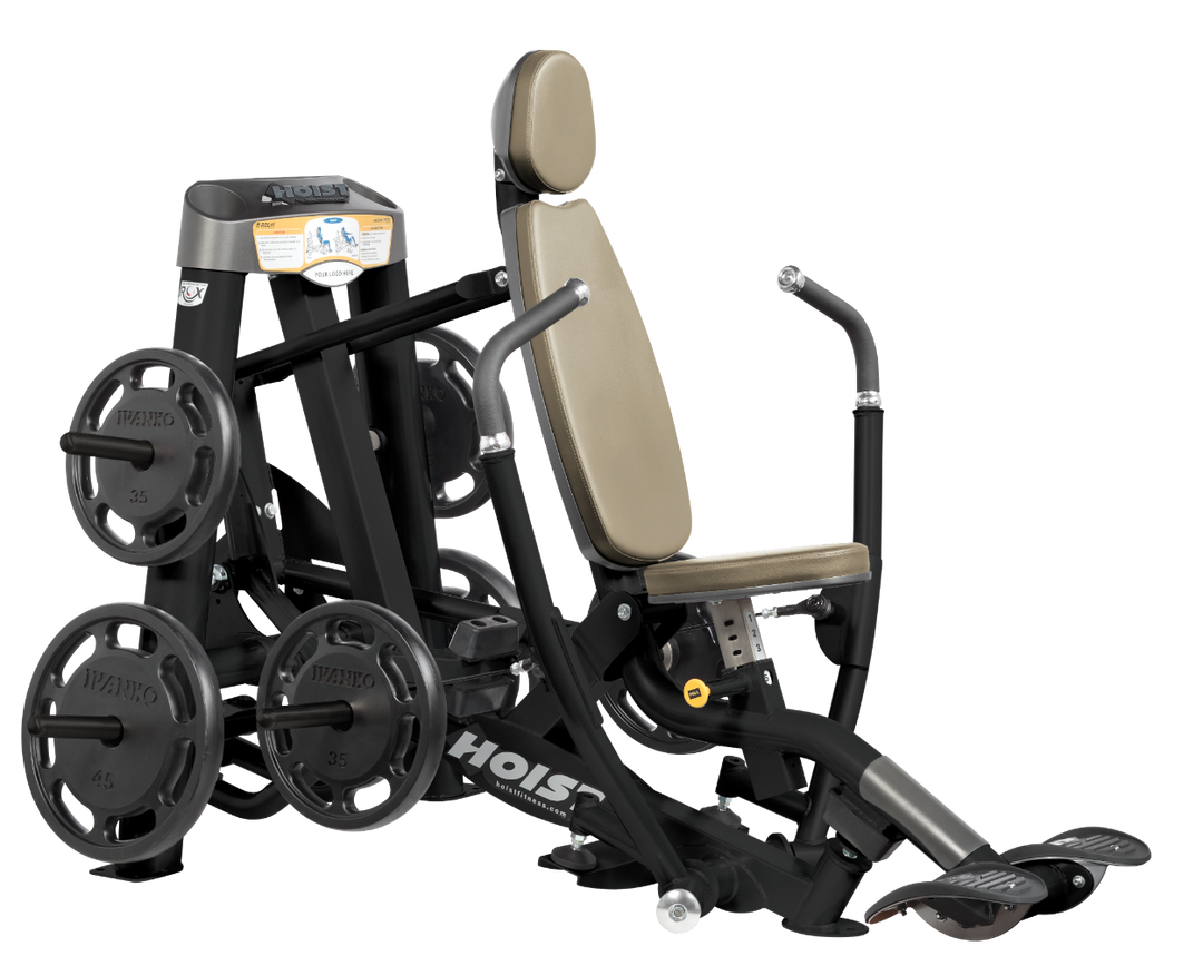 decline chest press machine with red seat and backrest showing alternate upholstery color and commercial-grade frame