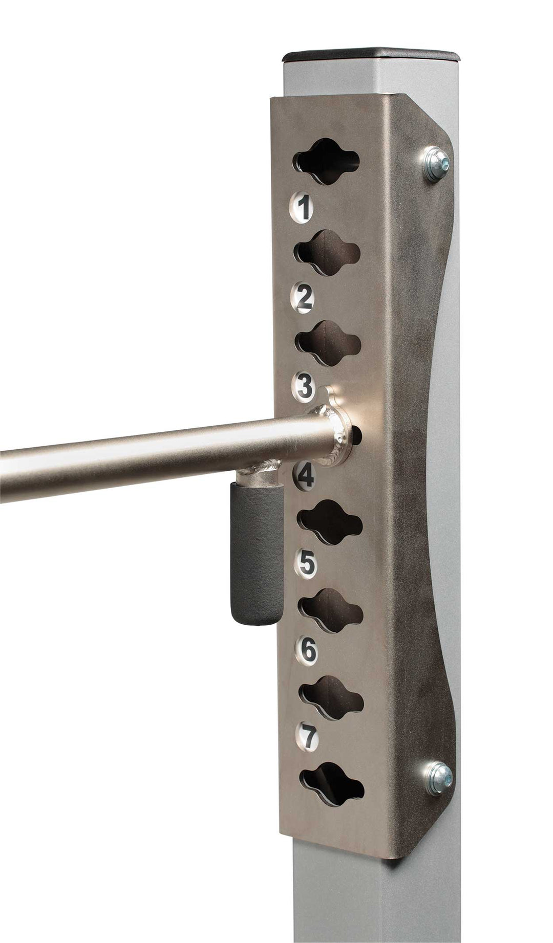 Close-up of numbered hook ladder on Smith machine for bar catch height adjustment