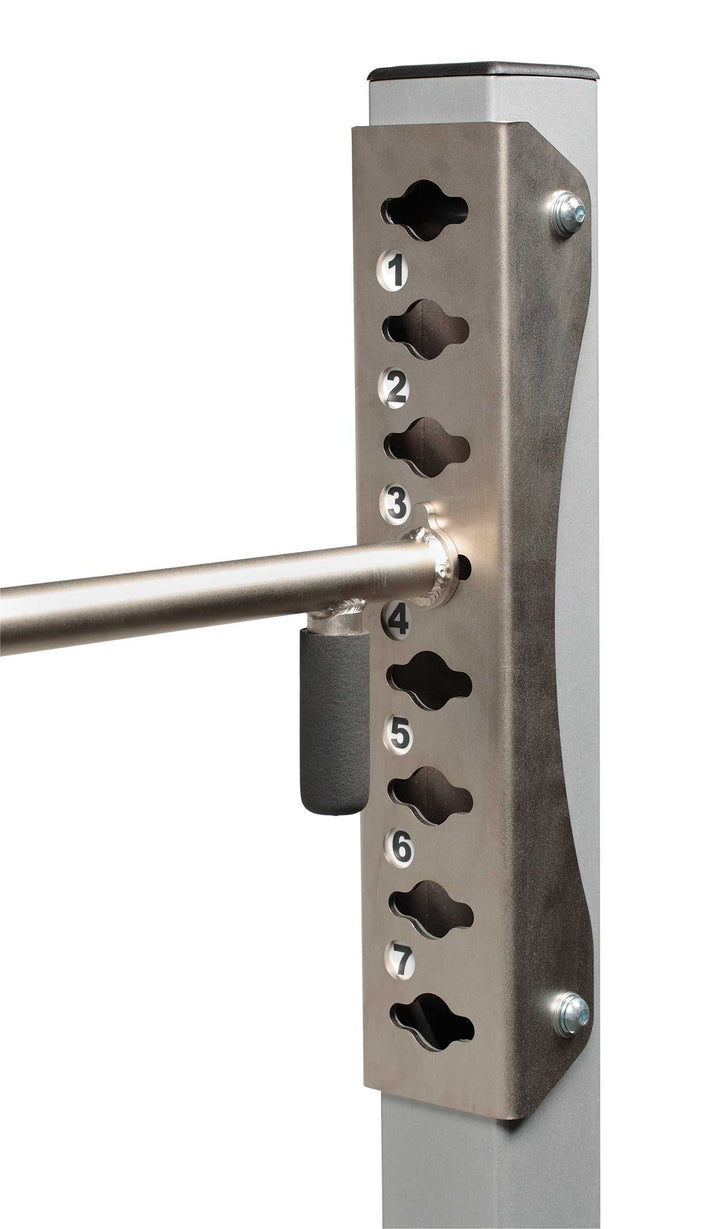 Close-up of numbered hook ladder on Smith machine for bar catch height adjustment
