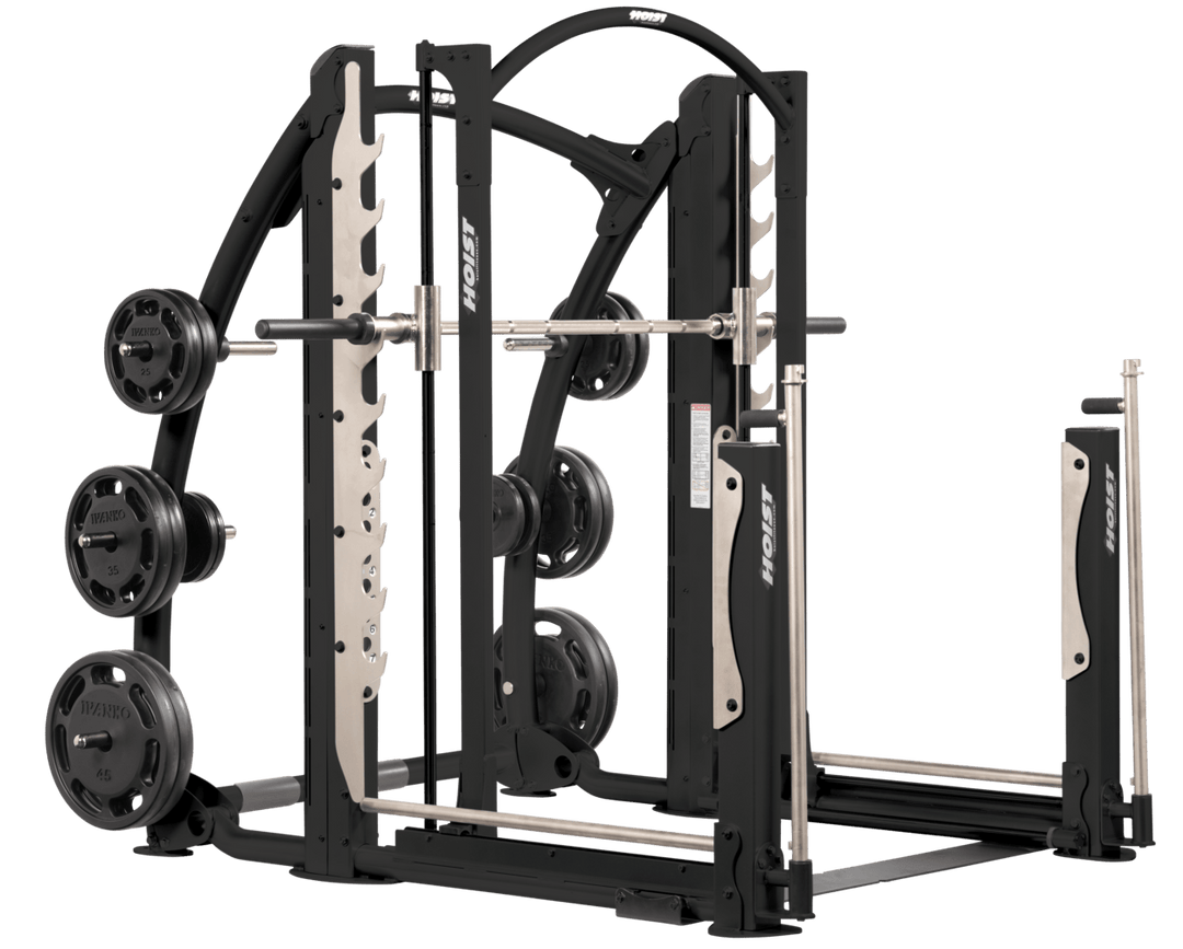 Black dual action Smith machine with guided barbell, plate storage horns, and heavy-duty frame