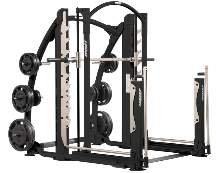 Black dual action Smith machine with guided barbell, plate storage horns, and heavy-duty frame