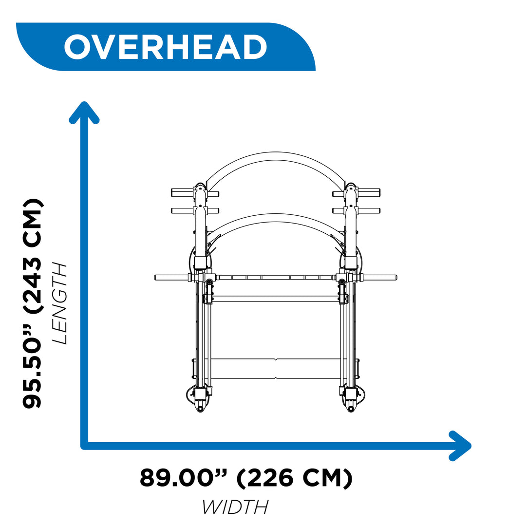 Overhead diagram of dual action Smith machine showing 95.5 inch length and 89 inch width
