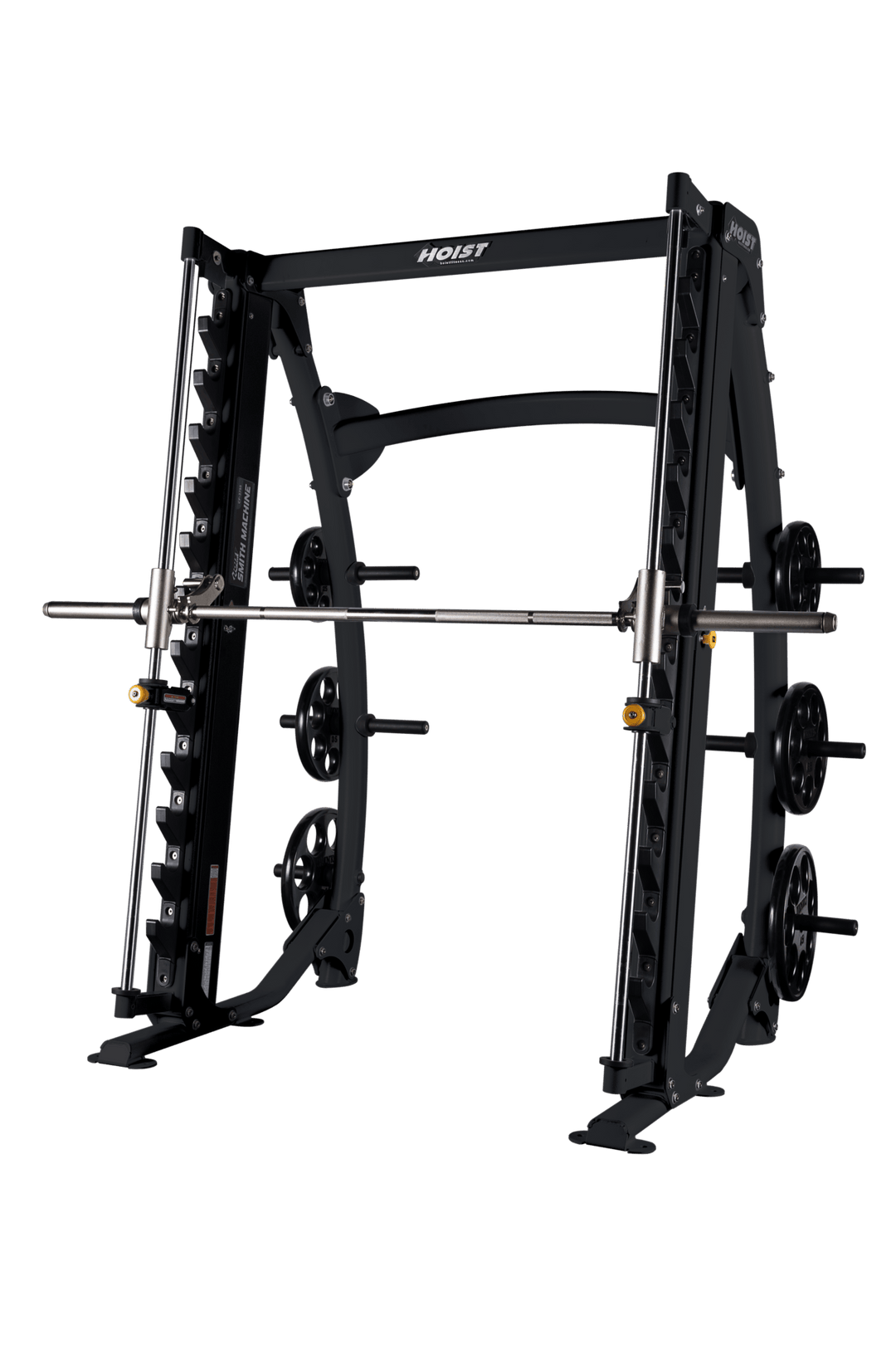 Black dual angle Smith machine with guided barbell system and built-in weight plate storage
