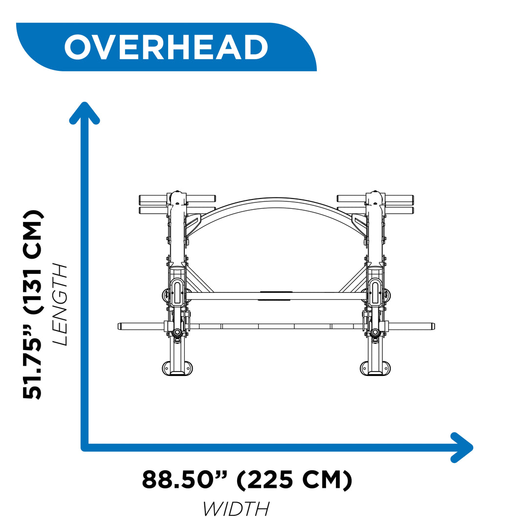Overhead diagram of dual angle Smith machine showing 51.75 inch length and 88.5 inch width