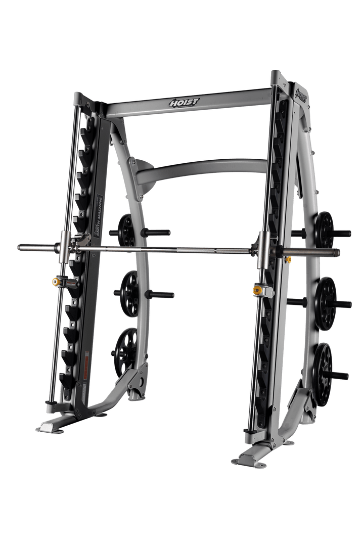 Platinum dual angle Smith machine with angled guide rods and integrated plate storage pegs