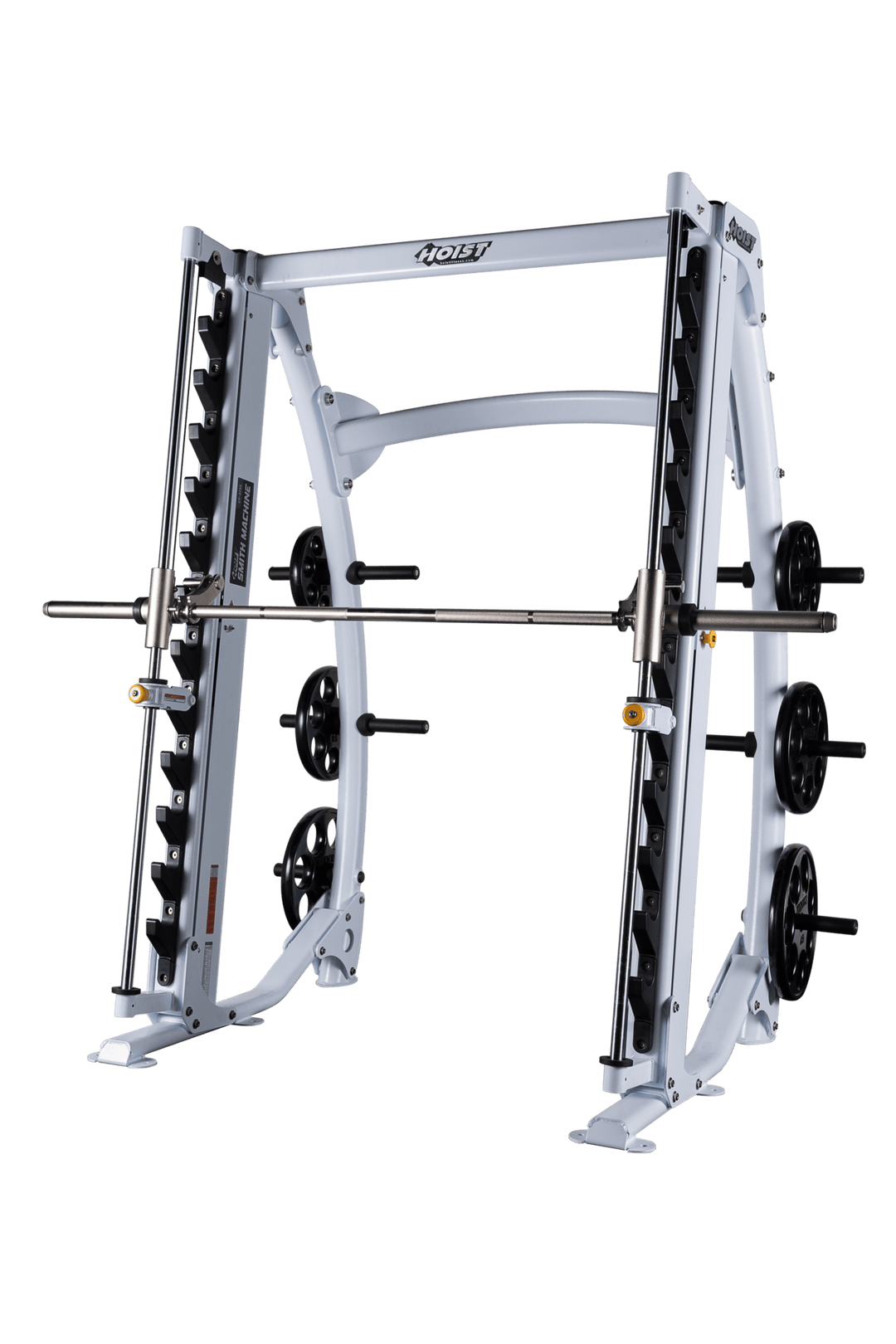 White dual angle Smith machine with angled guide rods and integrated plate storage pegs