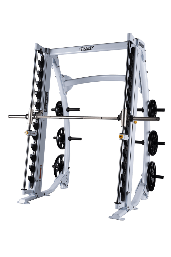 White dual angle Smith machine with angled guide rods and integrated plate storage pegs