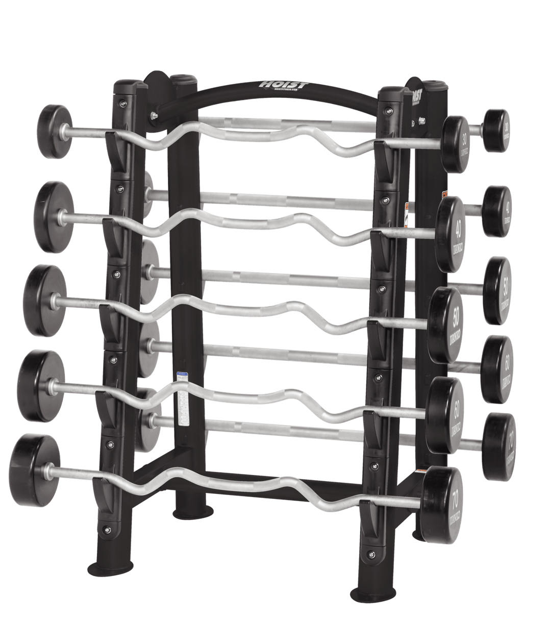 Vertical fixed barbell rack with multiple tiers holding preloaded barbells with weight plates on both sides