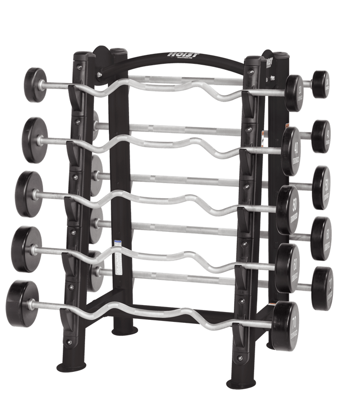 Vertical fixed barbell rack with multiple tiers holding preloaded barbells with weight plates on both sides