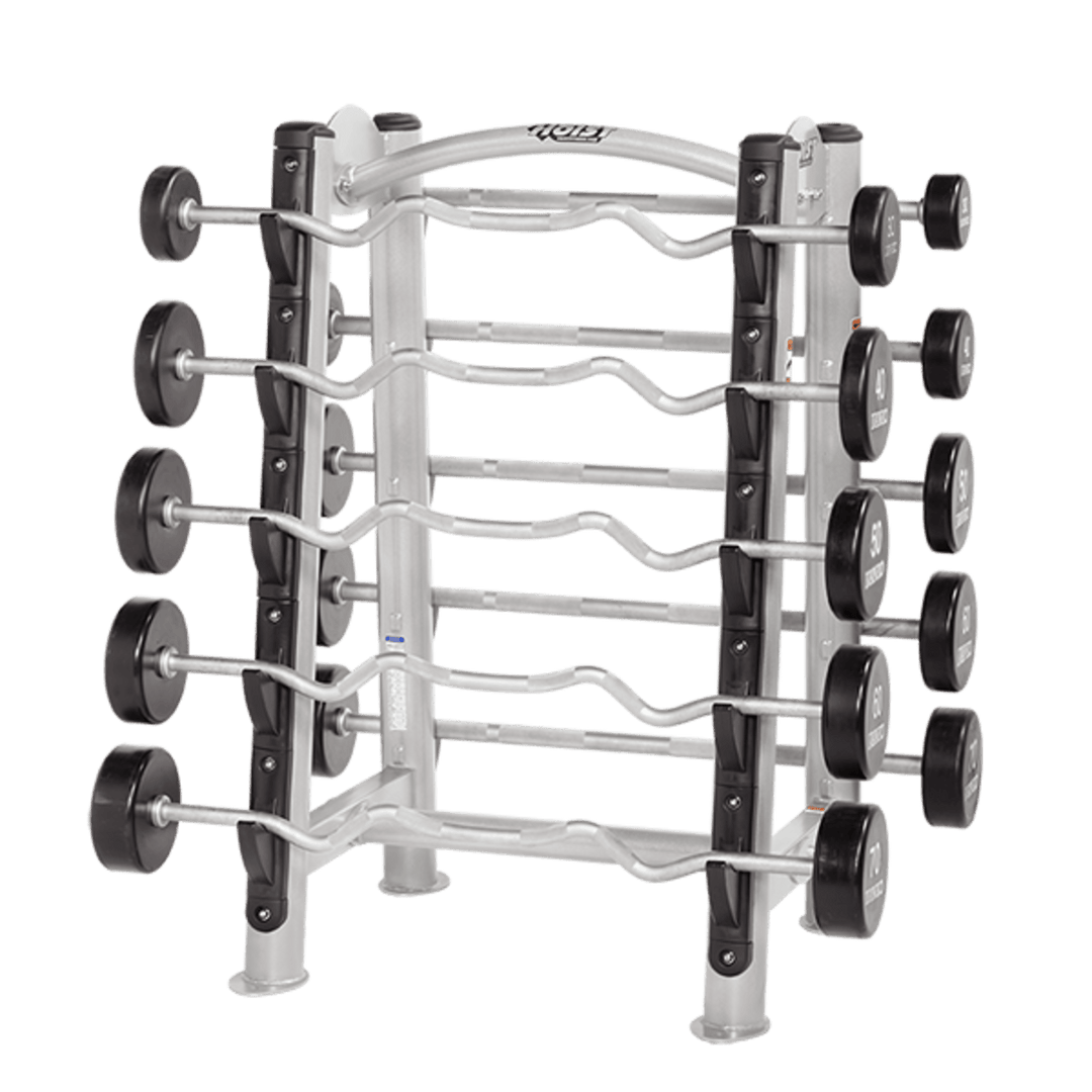 Angled view of fixed barbell rack showing stacked barbells and compact vertical storage design