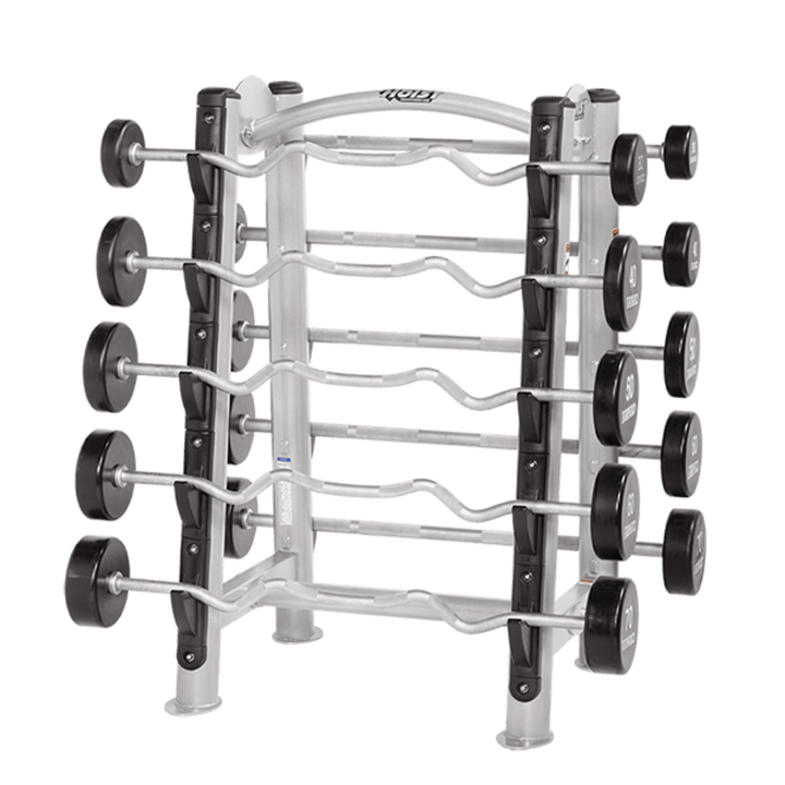Angled view of fixed barbell rack showing stacked barbells and compact vertical storage design