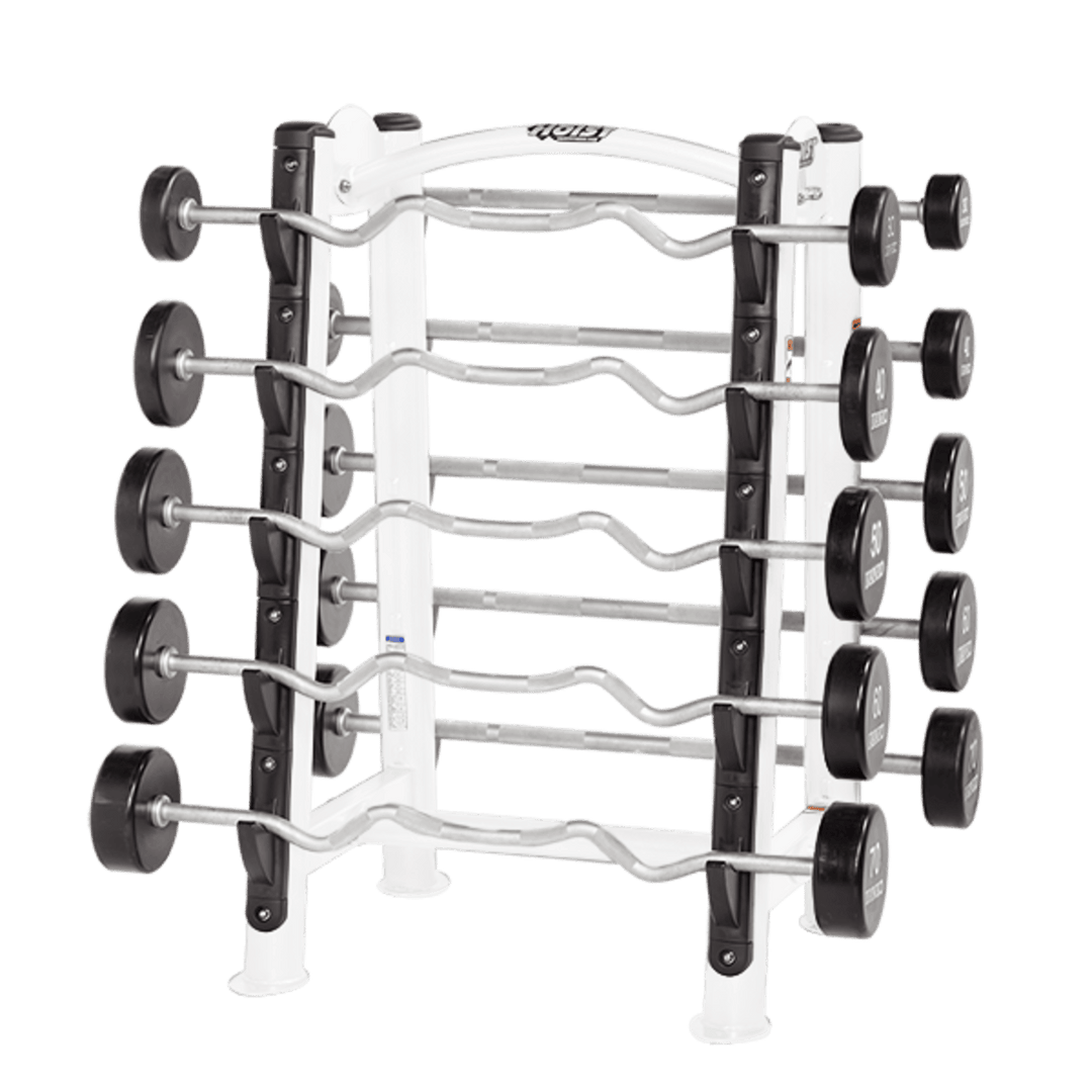 White frame fixed barbell rack with multiple levels for organized barbell storage