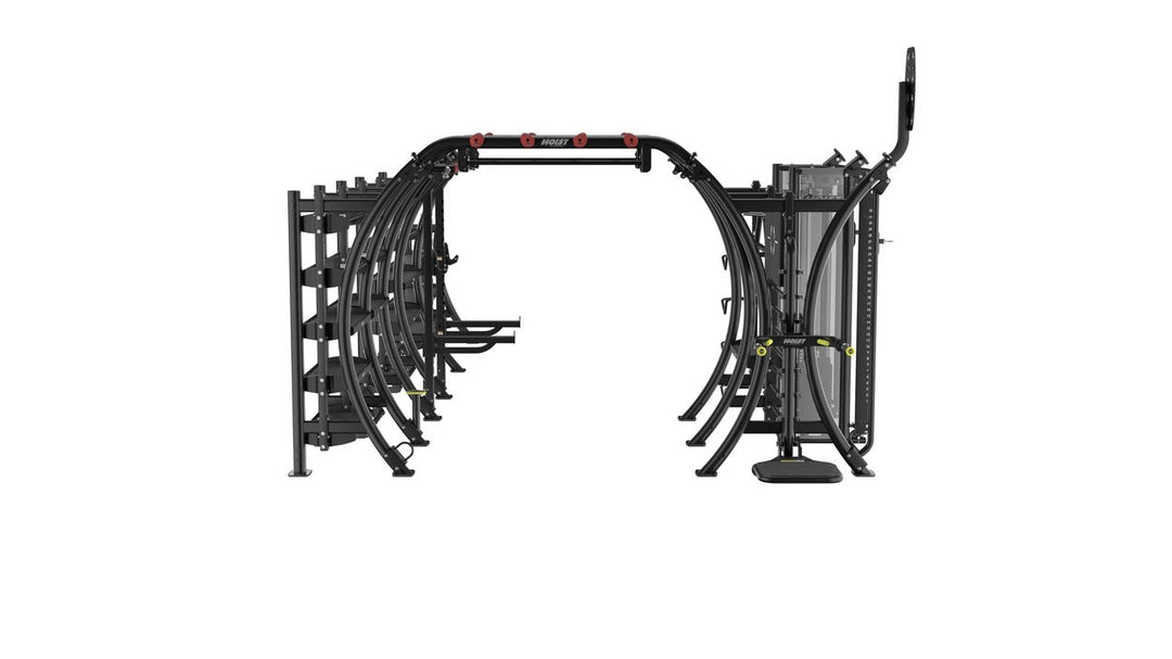rear configuration of Hoist Seven Element Functional Bridge showing connected workout stations and commercial training structure