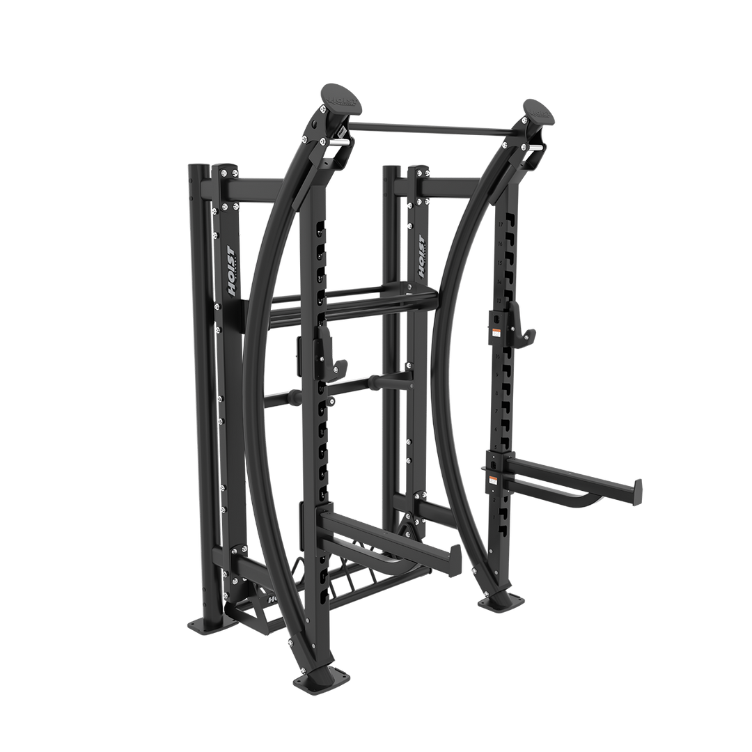 Hoist functional training rack with integrated bar storage, pull-up station, and commercial-grade strength training frame