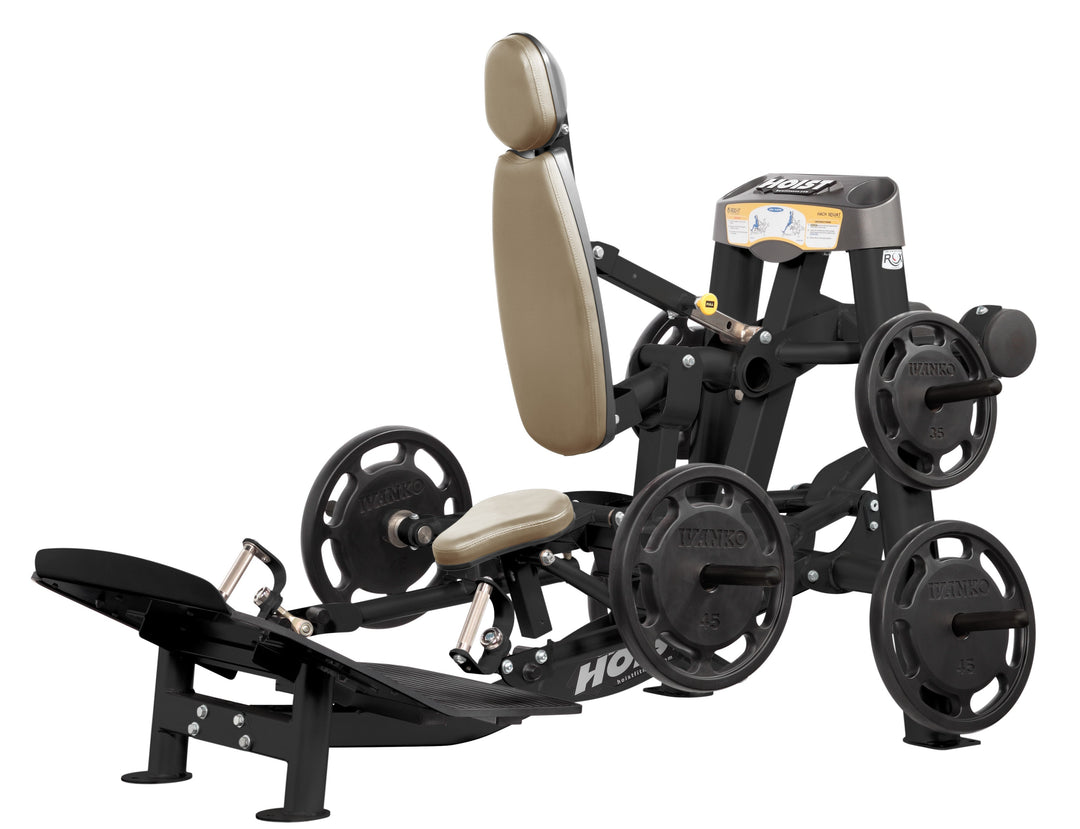 Hoist plate loaded hack squat machine with multi-function design for squats, deadlifts, and shrugs with adjustable foot platform and shoulder pads