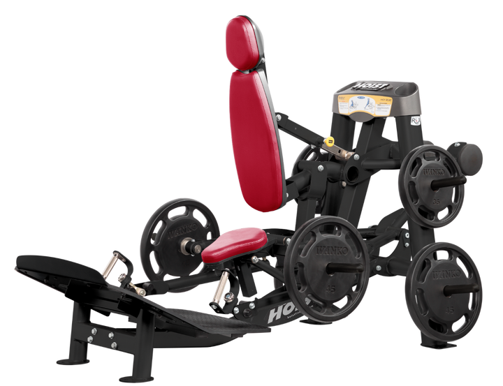 plate loaded hack squat machine with red backrest showing alternate upholstery color and commercial design