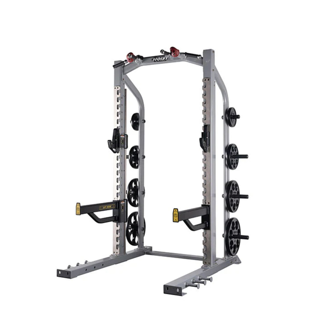 angled view of Hoist commercial half rack in silver showing structure and storage pegs