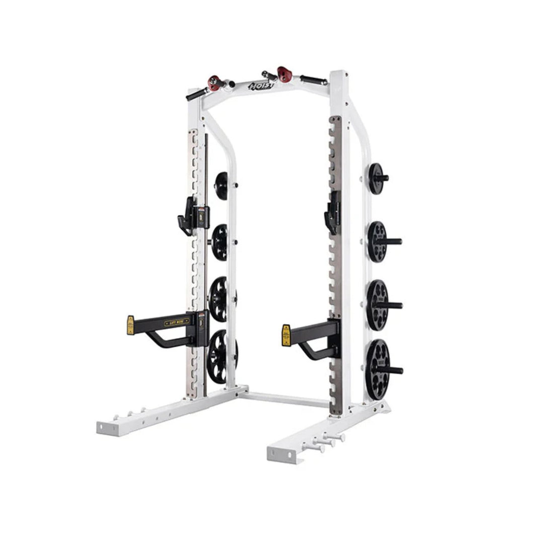 angled view of Hoist half rack in white with bar supports and weight plate holders