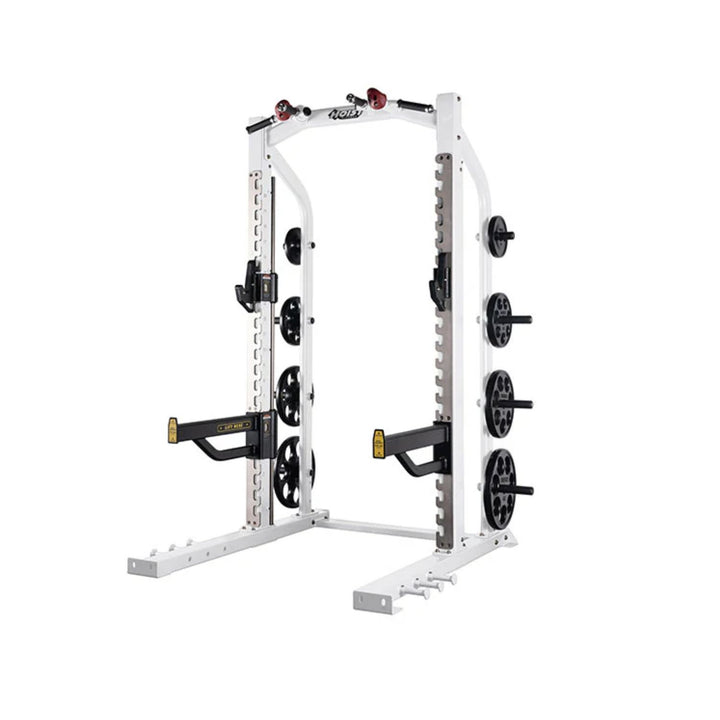 angled view of Hoist half rack in white with bar supports and weight plate holders