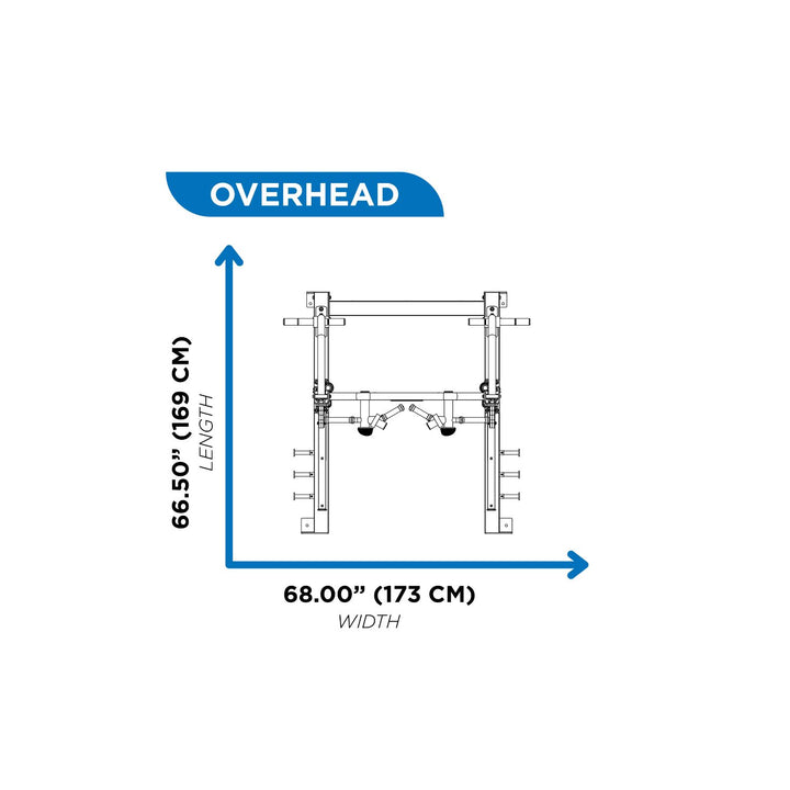 overhead dimensions diagram of Hoist half rack showing 68 inch width and footprint layout