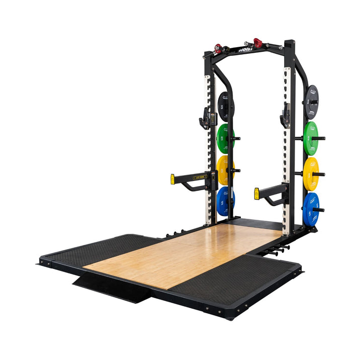 Hoist half rack with lifting platform and bumper plates for Olympic weightlifting