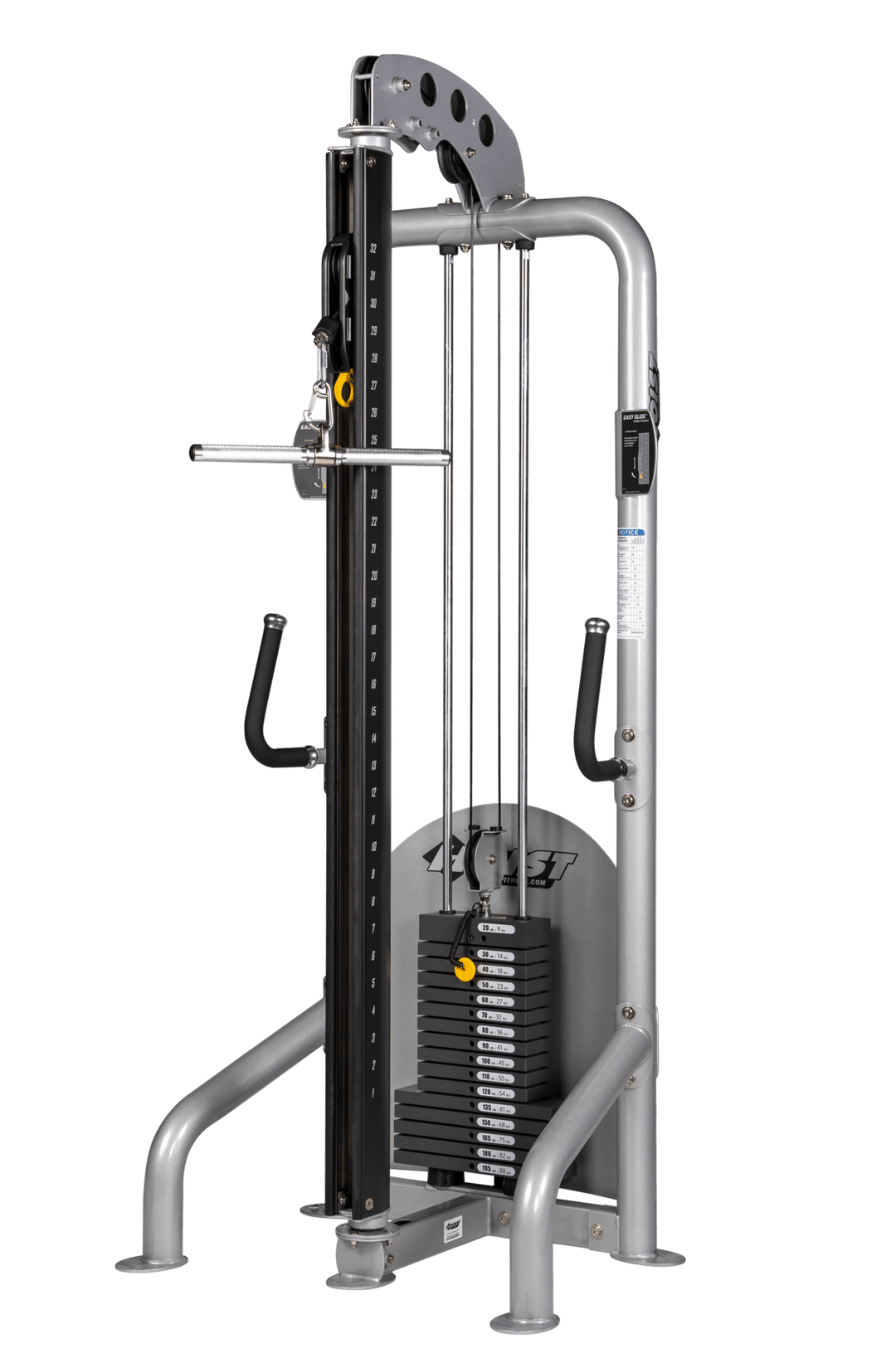 Front view of commercial hi-lo pulley with dual handles and visible weight stack
