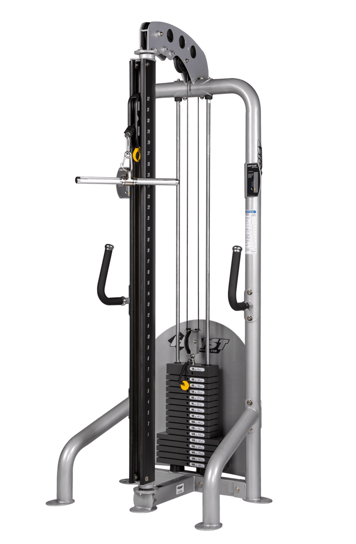 Front view of commercial hi-lo pulley with dual handles and visible weight stack