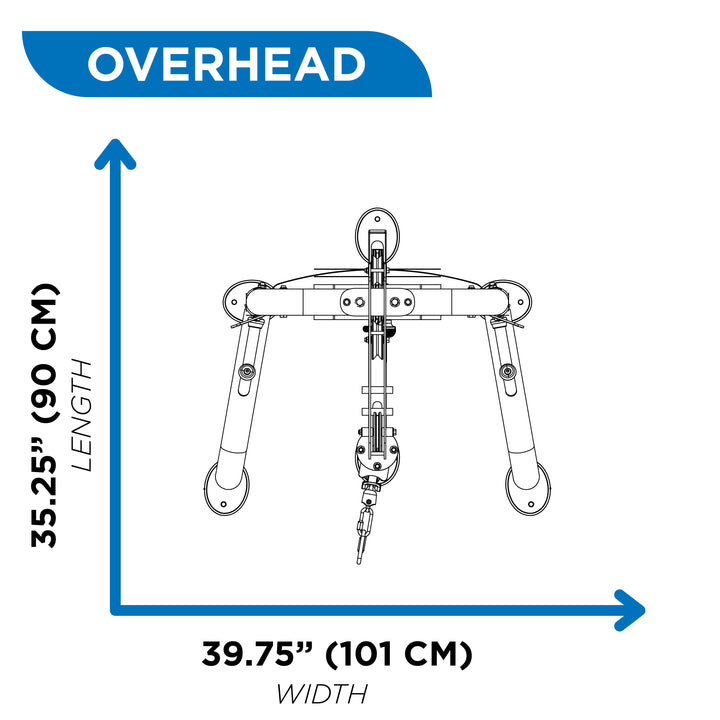 Overhead diagram of hi-lo pulley machine showing 35.25 inch length and 39.75 inch width