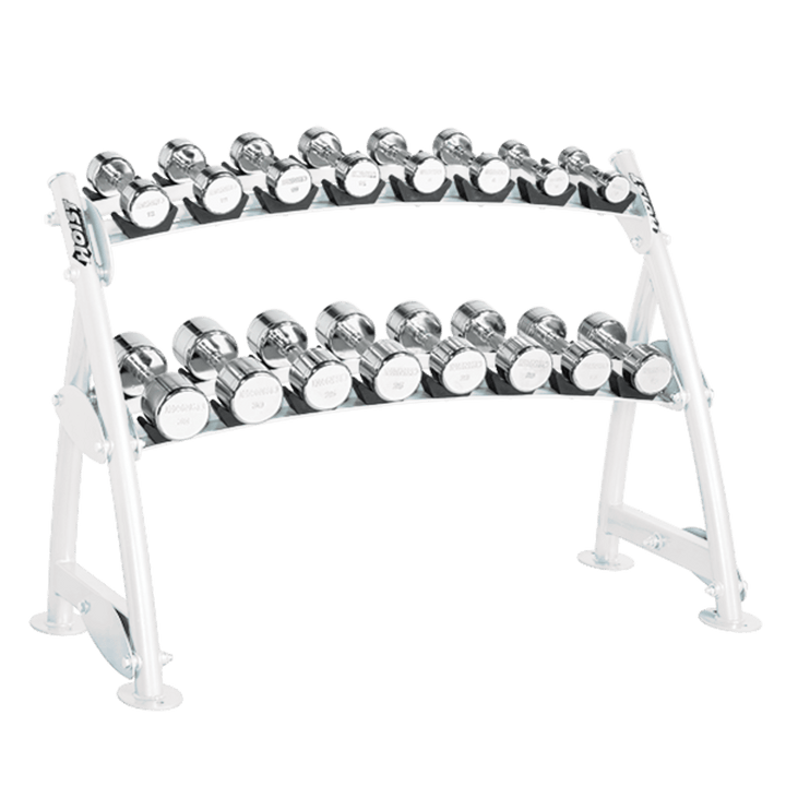 Black frame beauty bell rack with curved tiers and neatly organized chrome dumbbells