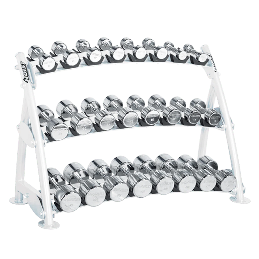 Fully loaded beauty bell rack displaying multiple tiers of chrome dumbbells in an organized layout