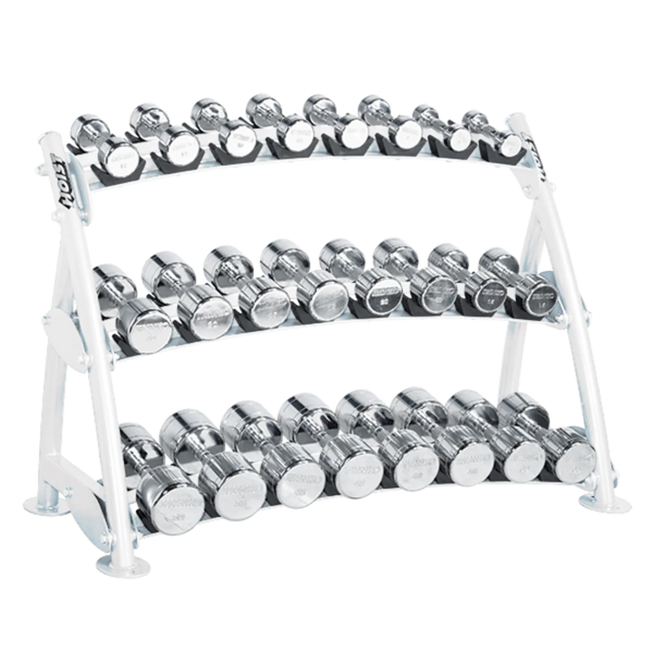 Fully loaded beauty bell rack displaying multiple tiers of chrome dumbbells in an organized layout