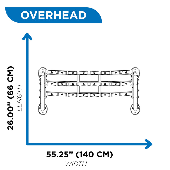 Overhead diagram of two-tier beauty bell rack showing 26 inch length and 55.25 inch width dimensions