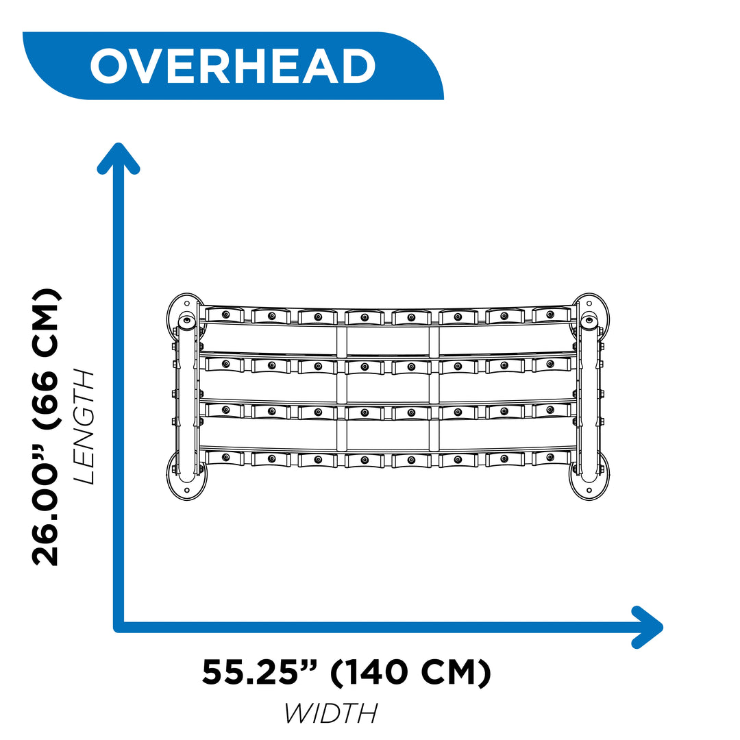 Overhead diagram of three-tier beauty bell rack showing 26 inch length and 55.25 inch width dimensions
