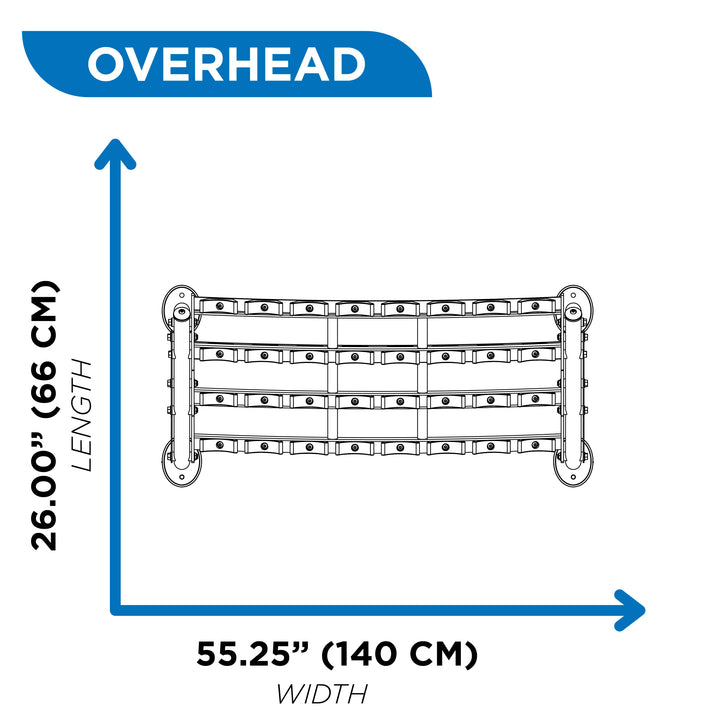Overhead diagram of three-tier beauty bell rack showing 26 inch length and 55.25 inch width dimensions