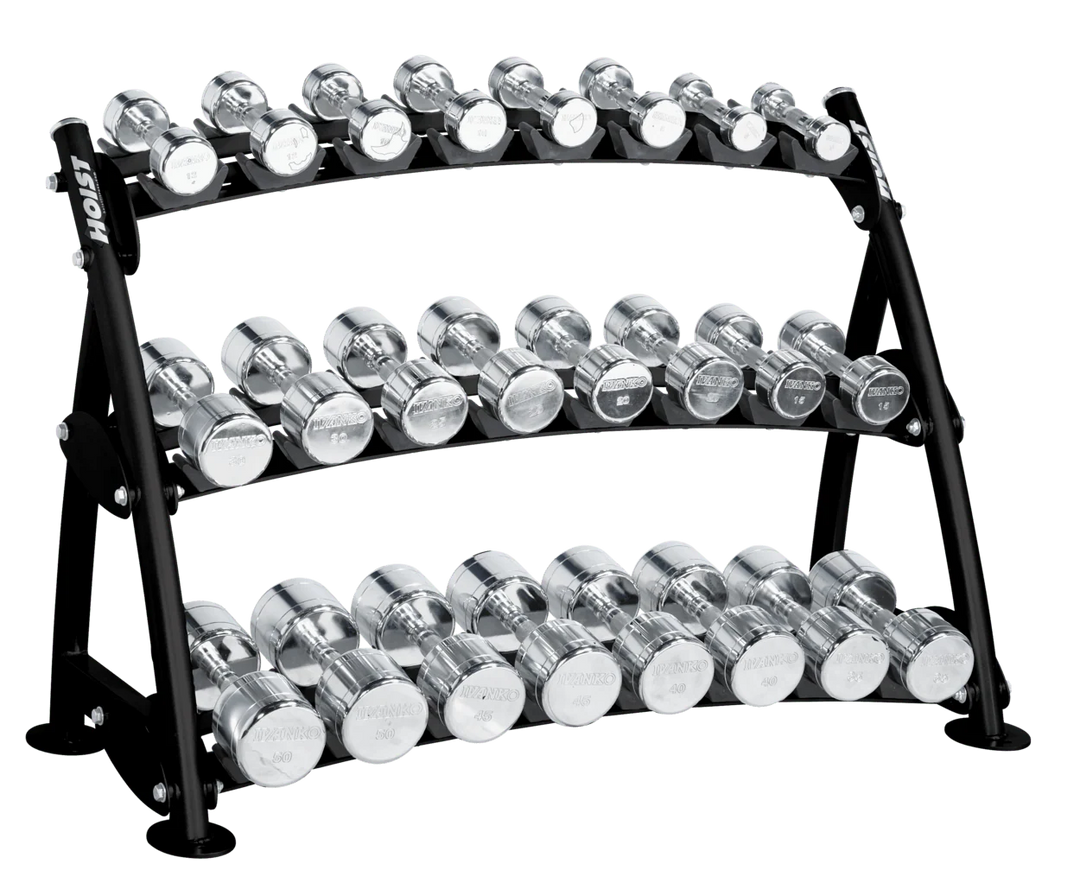 Silver finish beauty bell rack with two-tier curved design for compact dumbbell storage