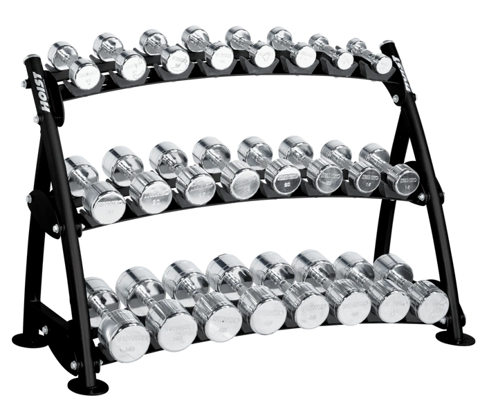 Silver finish beauty bell rack with two-tier curved design for compact dumbbell storage