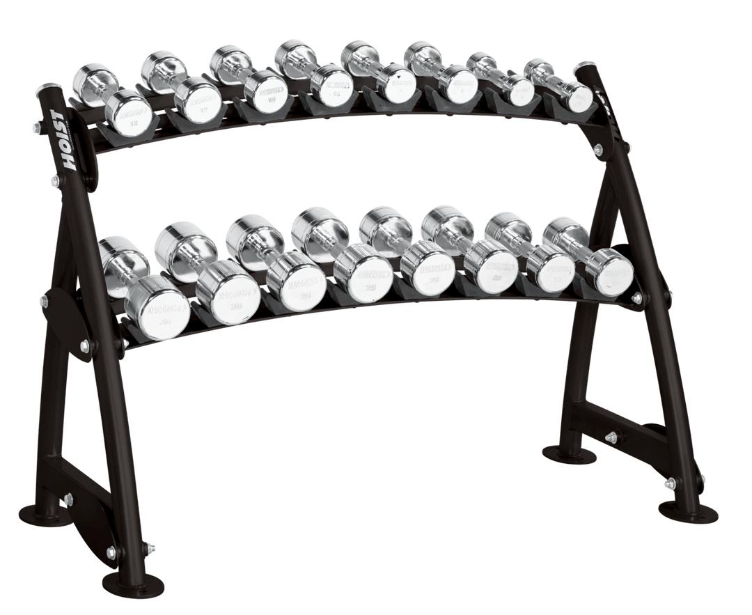 Two-tier horizontal beauty bell rack with curved design holding multiple pairs of chrome dumbbells