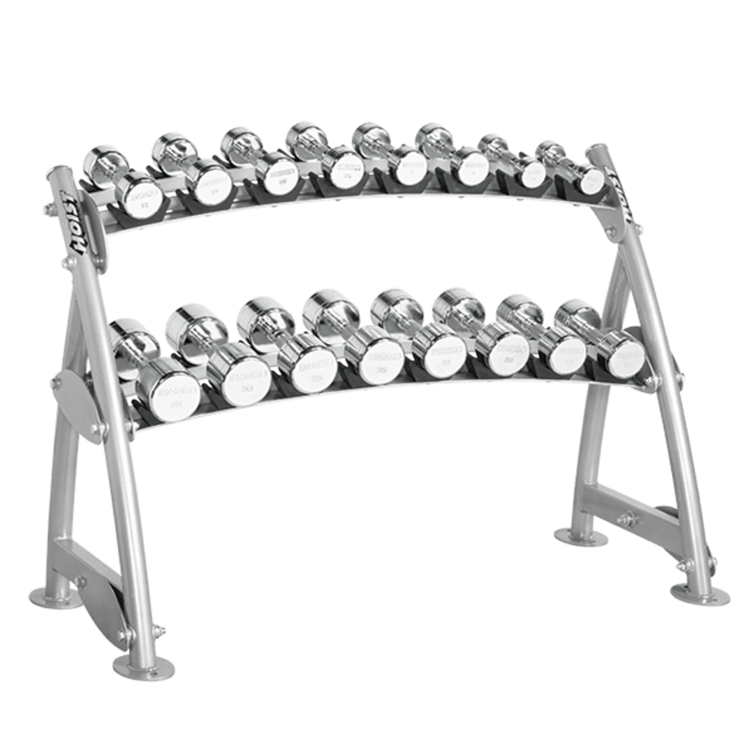 Three-tier horizontal beauty bell rack with high-capacity storage for chrome dumbbells