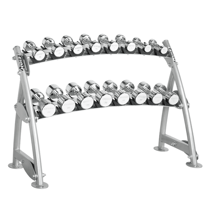 Three-tier horizontal beauty bell rack with high-capacity storage for chrome dumbbells