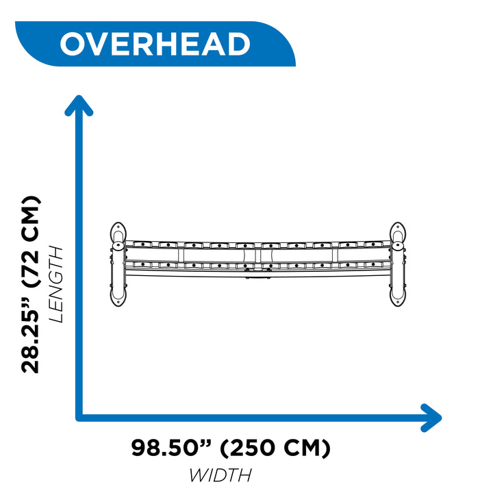 Overhead diagram of single-tier dumbbell rack showing 28.25 inch length and 98.5 inch width dimensions