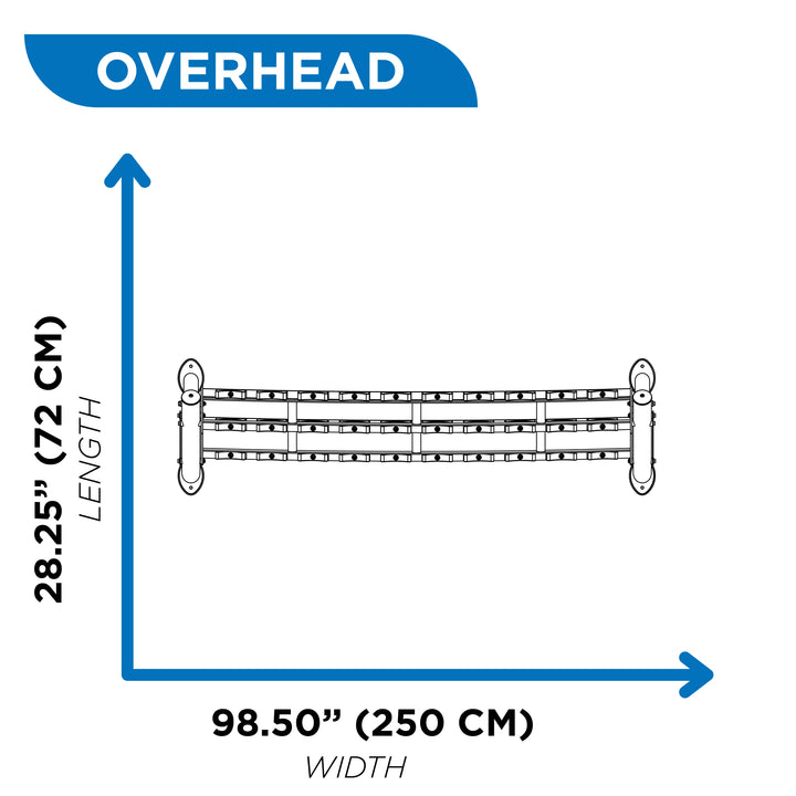 Overhead diagram of two-tier dumbbell rack showing 28.25 inch length and 98.5 inch width dimensions