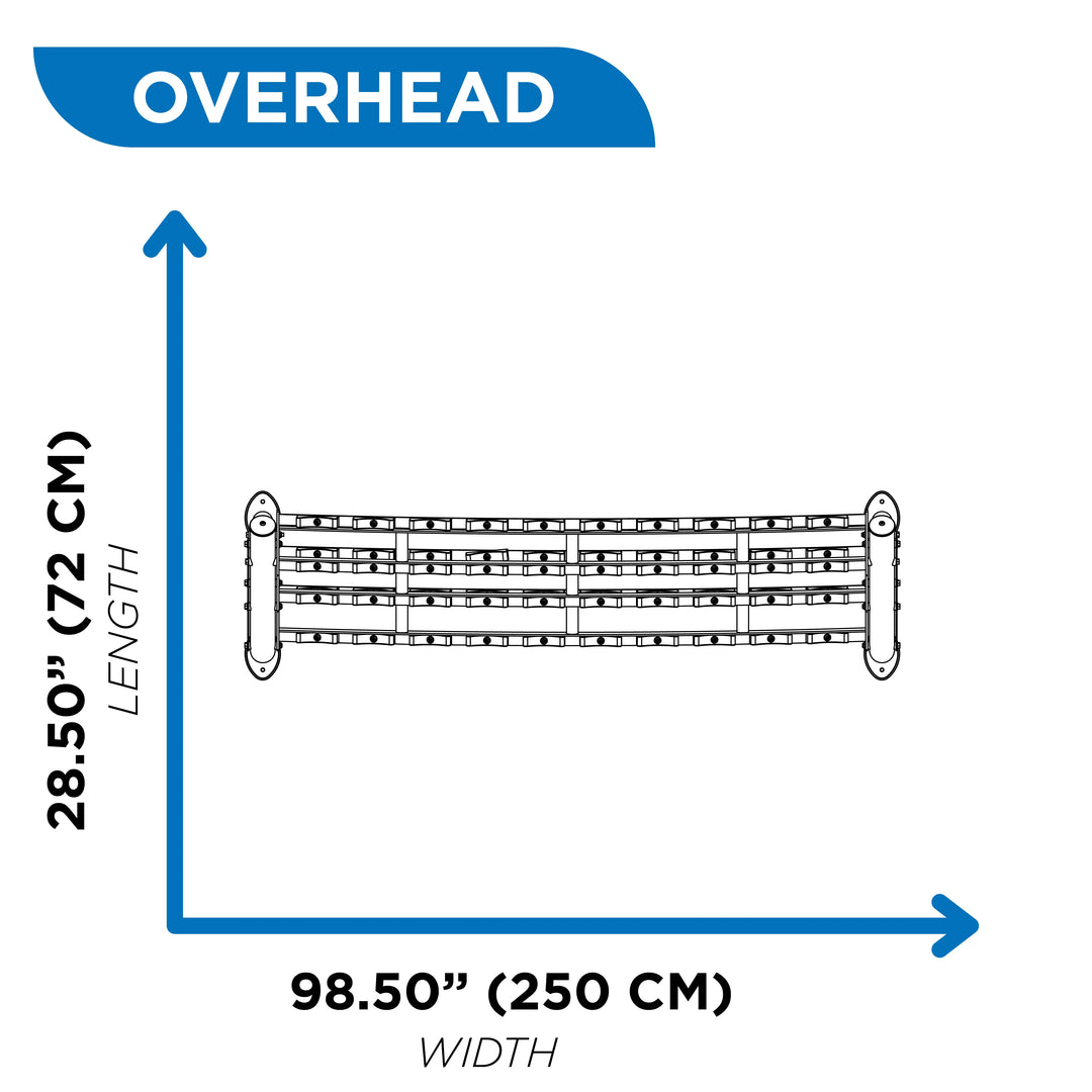 Overhead diagram of three-tier dumbbell rack showing 28.5 inch length and 98.5 inch width dimensions