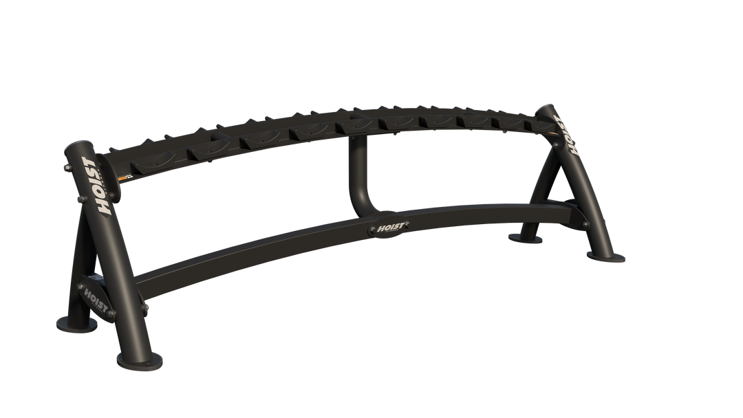 Single-tier black curved dumbbell rack with angled saddles for organized and secure dumbbell storage