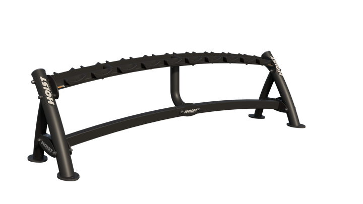 Single-tier black curved dumbbell rack with angled saddles for organized and secure dumbbell storage
