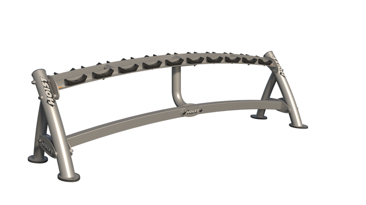 Single-tier platinum curved dumbbell rack with angled saddles for organized and secure dumbbell storage