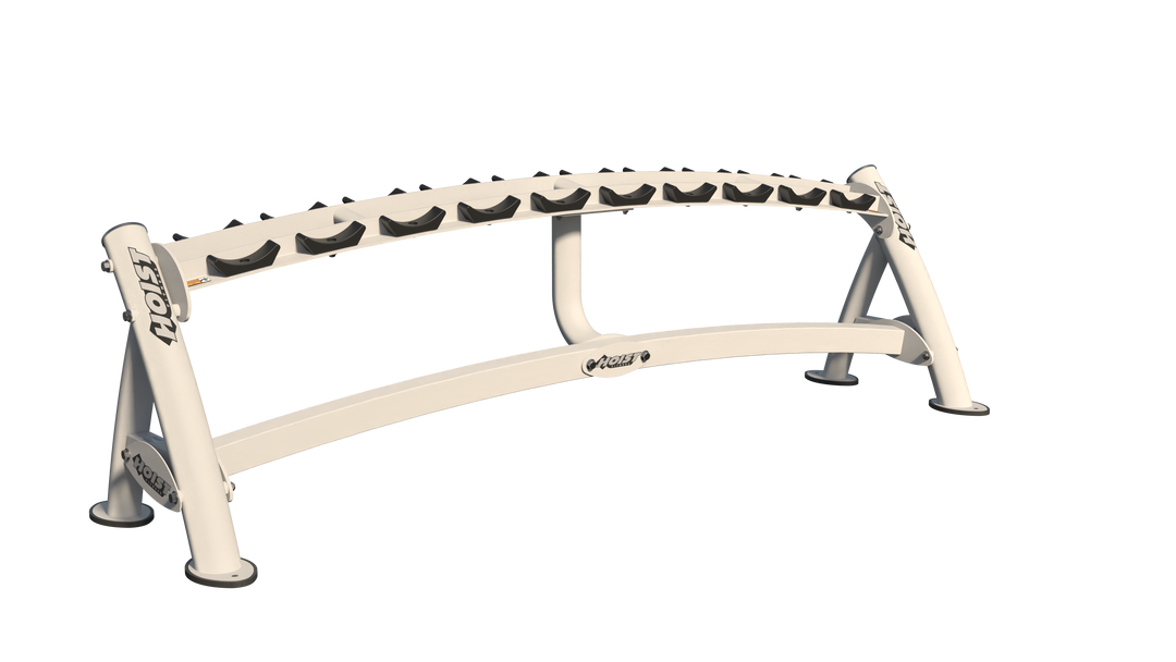 Single-tier white curved dumbbell rack with angled saddles for organized and secure dumbbell storage