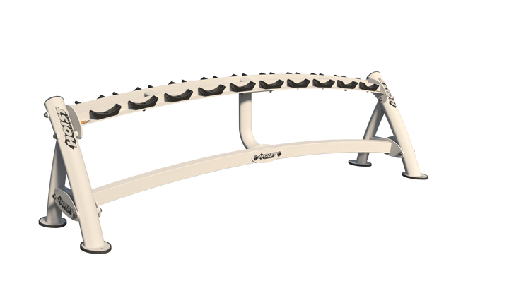 Single-tier white curved dumbbell rack with angled saddles for organized and secure dumbbell storage