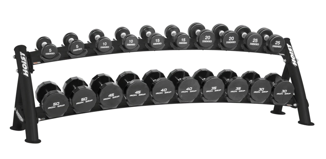 Two-tier blk horizontal dumbbell rack designed to hold multiple pairs of dumbbells in a space-efficient layout