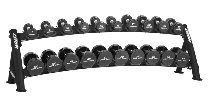 Two-tier blk horizontal dumbbell rack designed to hold multiple pairs of dumbbells in a space-efficient layout